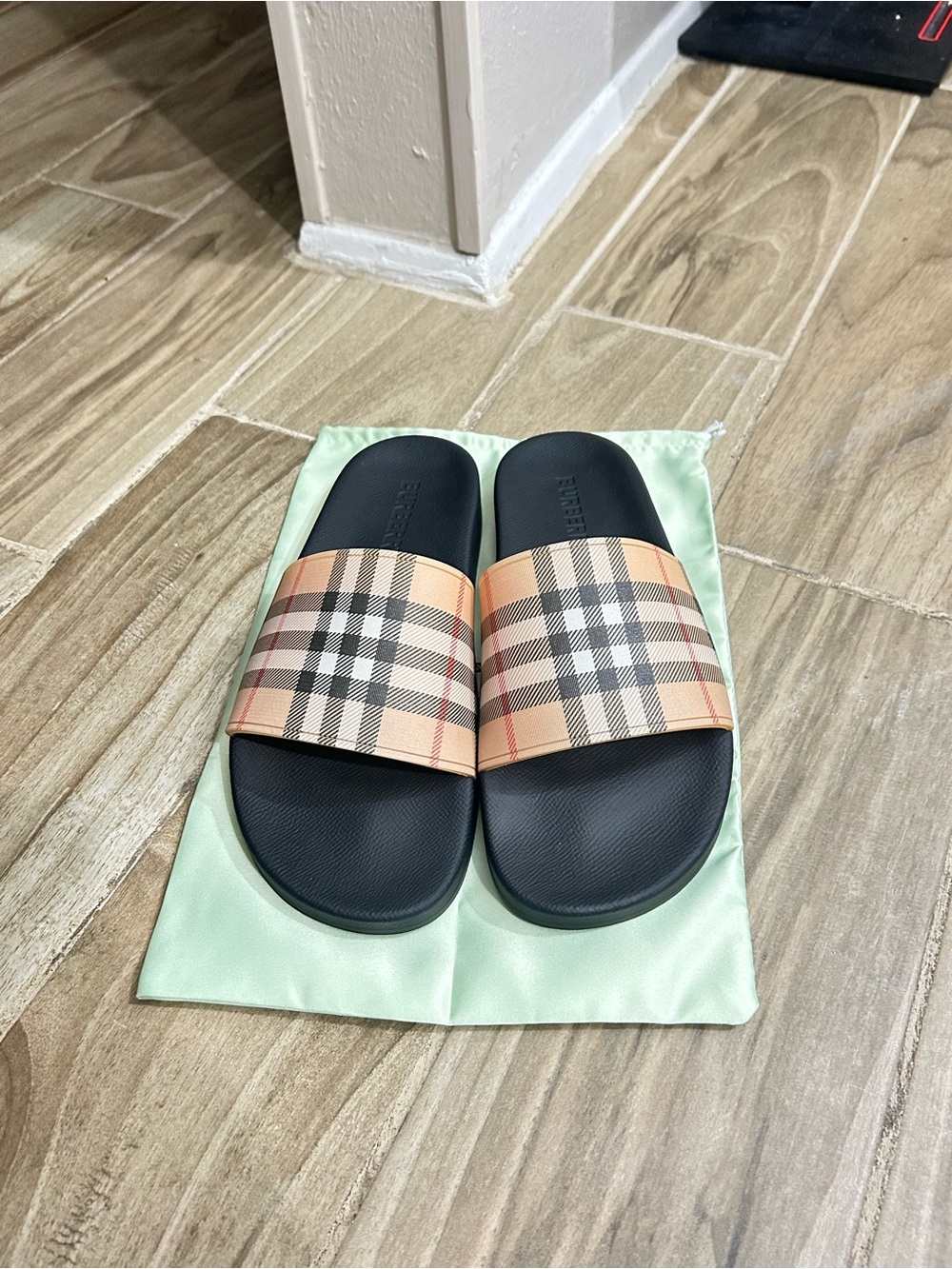 Burberry Black Slides with Beige Check Strap